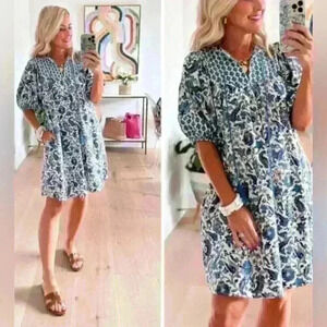 KNOX ROSE dress  Puff Sleeve Blue White Bohemian Floral Tassel Tie Size S